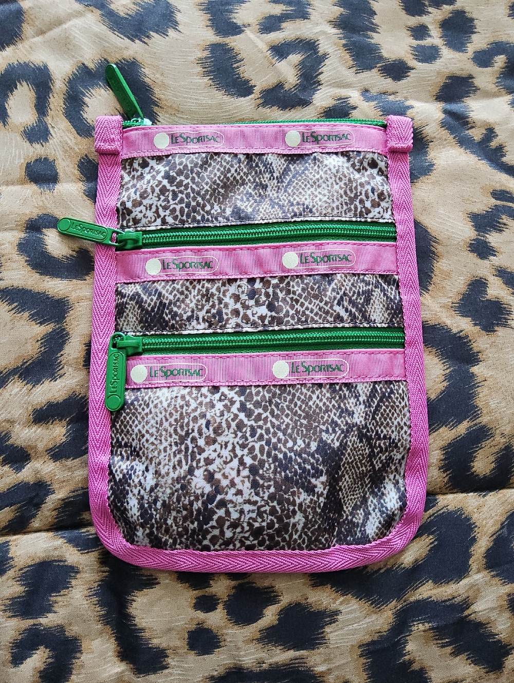 LeSportsac Pink Trim Green Zipper Animal Print Triple Pocket Pouch